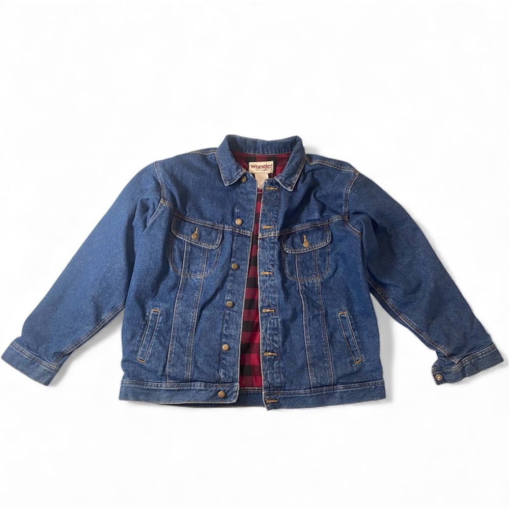Men’s Wrangler Rugged Wear Plaid Fleece-Lined Denim Jacket- Size 2XT Tall